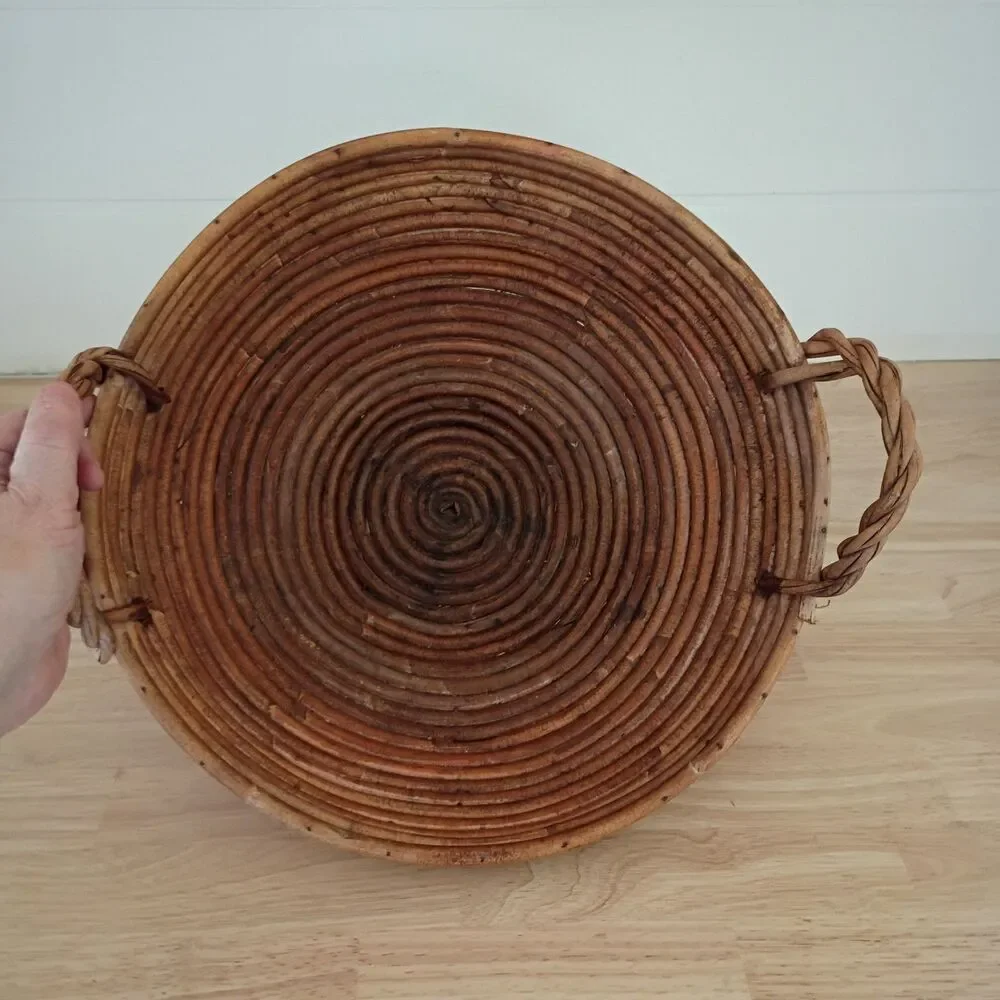 Mid-Century Footed Gabriella Crespi-style Large Pencil Reed Rattan Bowl 14 inch